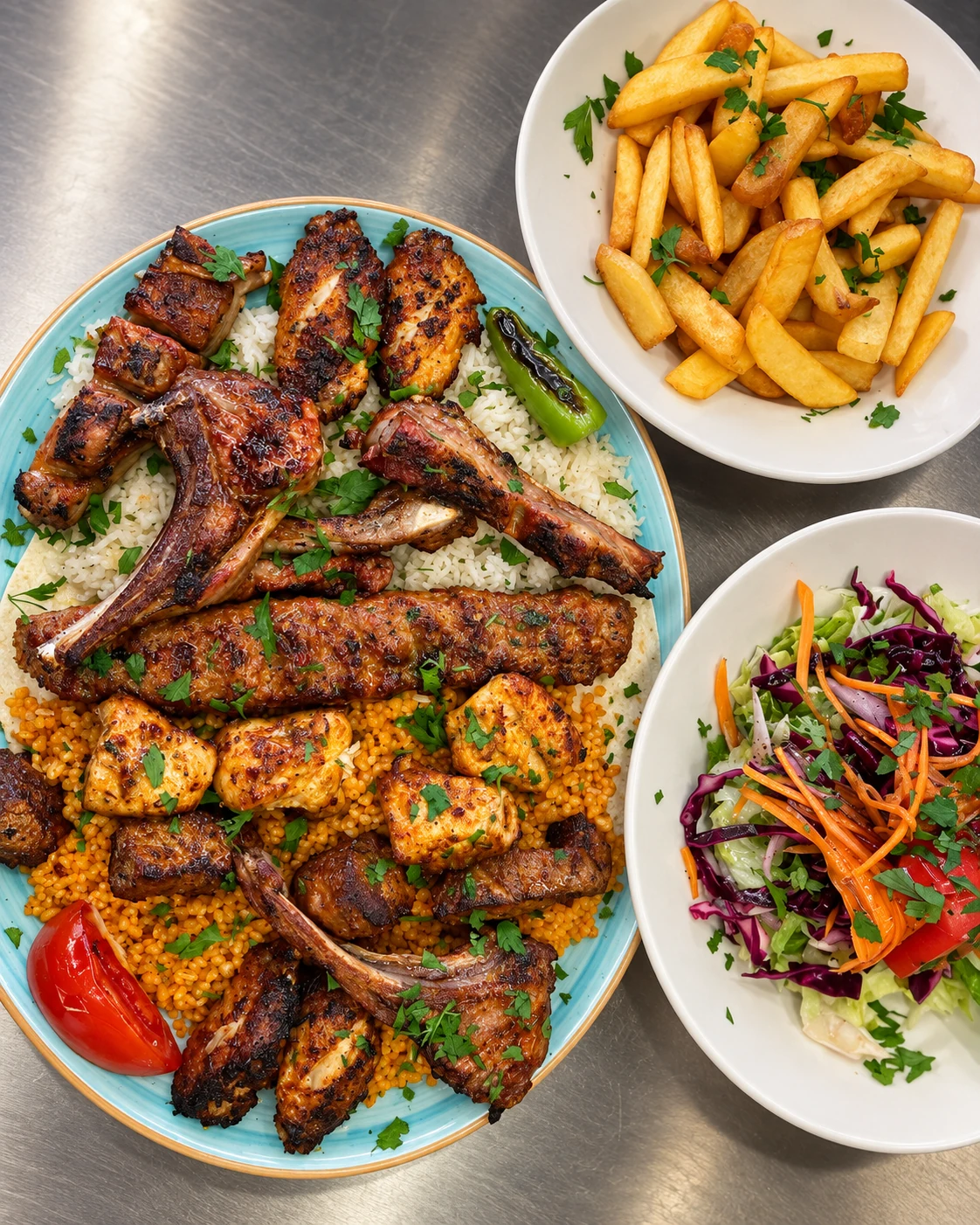 Mixed grill platter with rice, bulgur, chips and salad