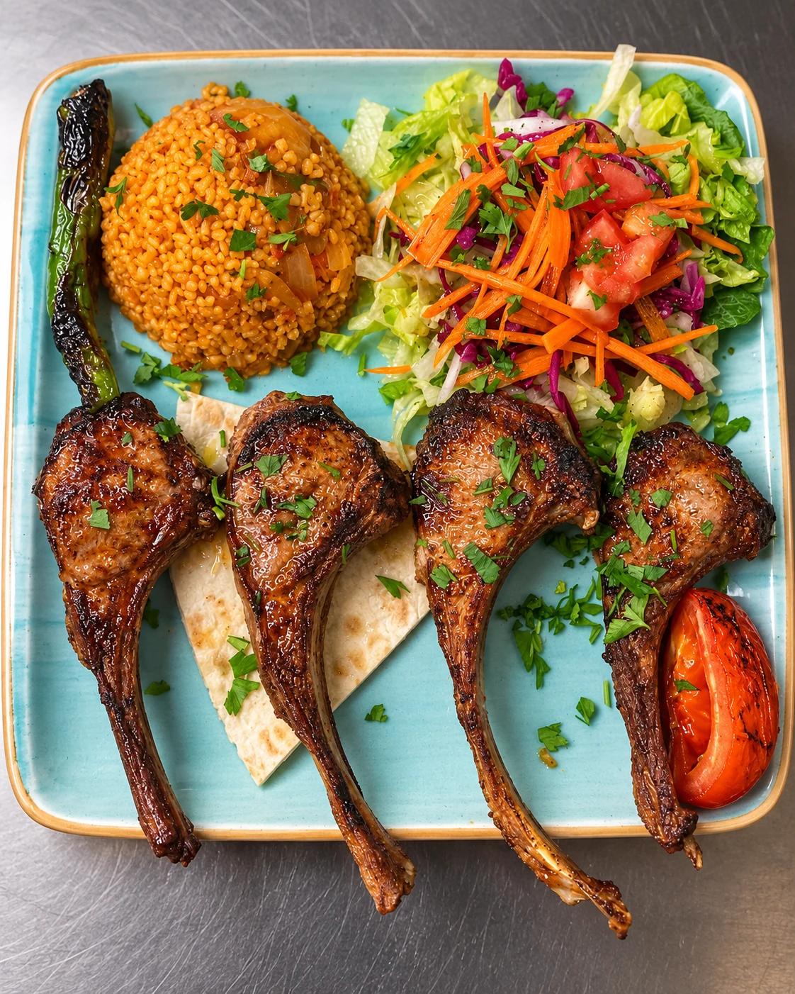Grilled lamb chops with bulgur and salad